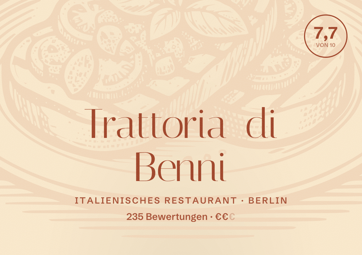 Illustriertes Poster von Trattoria di Benni, Italienisches Restaurant in Berlin: Bewertung 7,7 von 10 aus 235 Bewertungen, Preisniveau €€