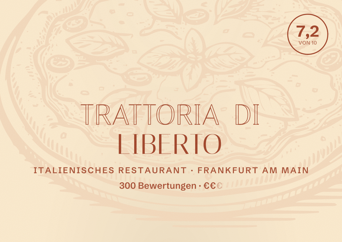 Illustriertes Poster von Trattoria Di Liberto, Italienisches Restaurant in Frankfurt am Main: Bewertung 7,2 von 10 aus 300 Bewertungen, Preisniveau €€