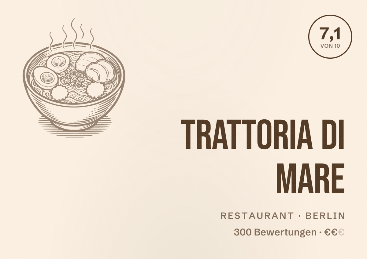 Illustriertes Poster von Trattoria Di Mare, Restaurant in Berlin: Bewertung 7,1 von 10 aus 300 Bewertungen, Preisniveau €€