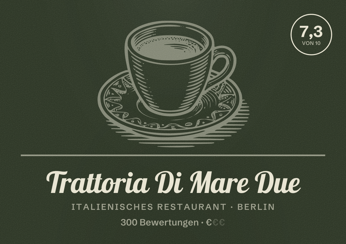 Illustriertes Poster von Trattoria Di Mare Due, Italienisches Restaurant in Berlin: Bewertung 7,3 von 10 aus 300 Bewertungen, Preisniveau €