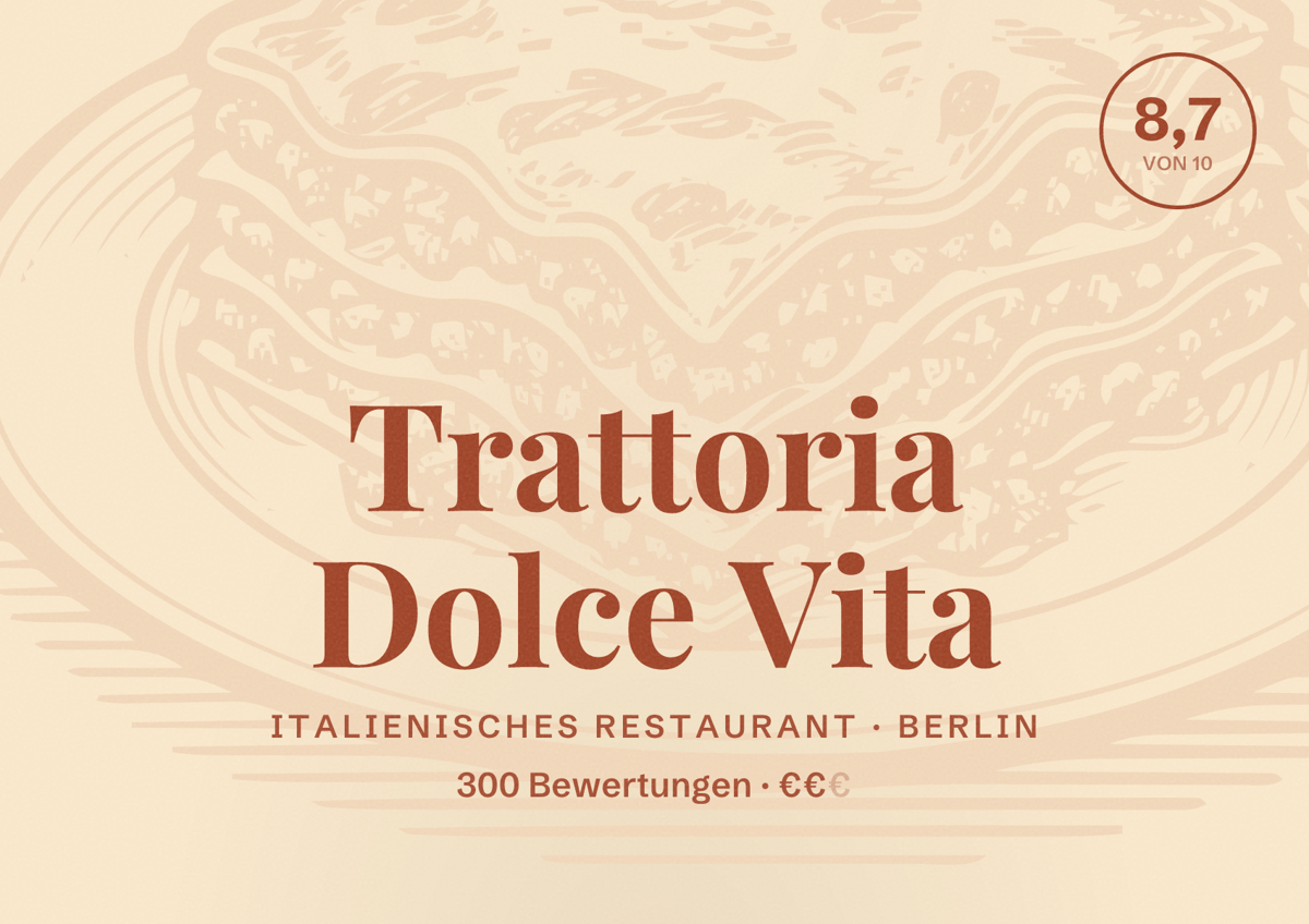 Illustriertes Poster von Trattoria Dolce Vita, Italienisches Restaurant in Berlin: Bewertung 8,7 von 10 aus 300 Bewertungen, Preisniveau €€