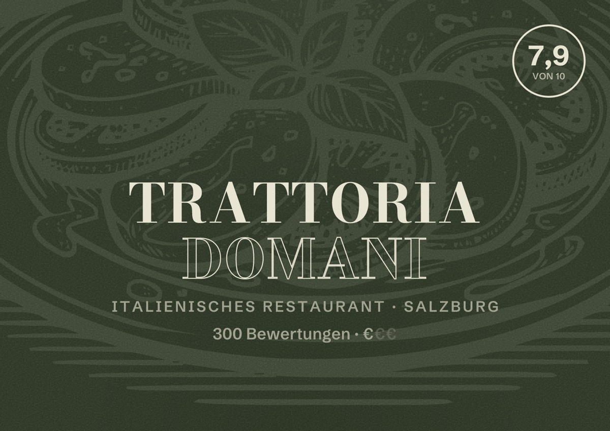 Illustriertes Poster von Trattoria Domani, Italienisches Restaurant in Salzburg: Bewertung 7,9 von 10 aus 300 Bewertungen, Preisniveau €