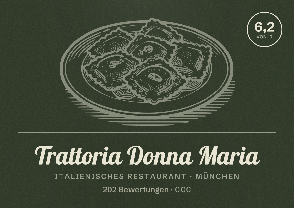 Illustriertes Poster von Trattoria Donna Maria, Italienisches Restaurant in München: Bewertung 6,2 von 10 aus 202 Bewertungen, Preisniveau €€€