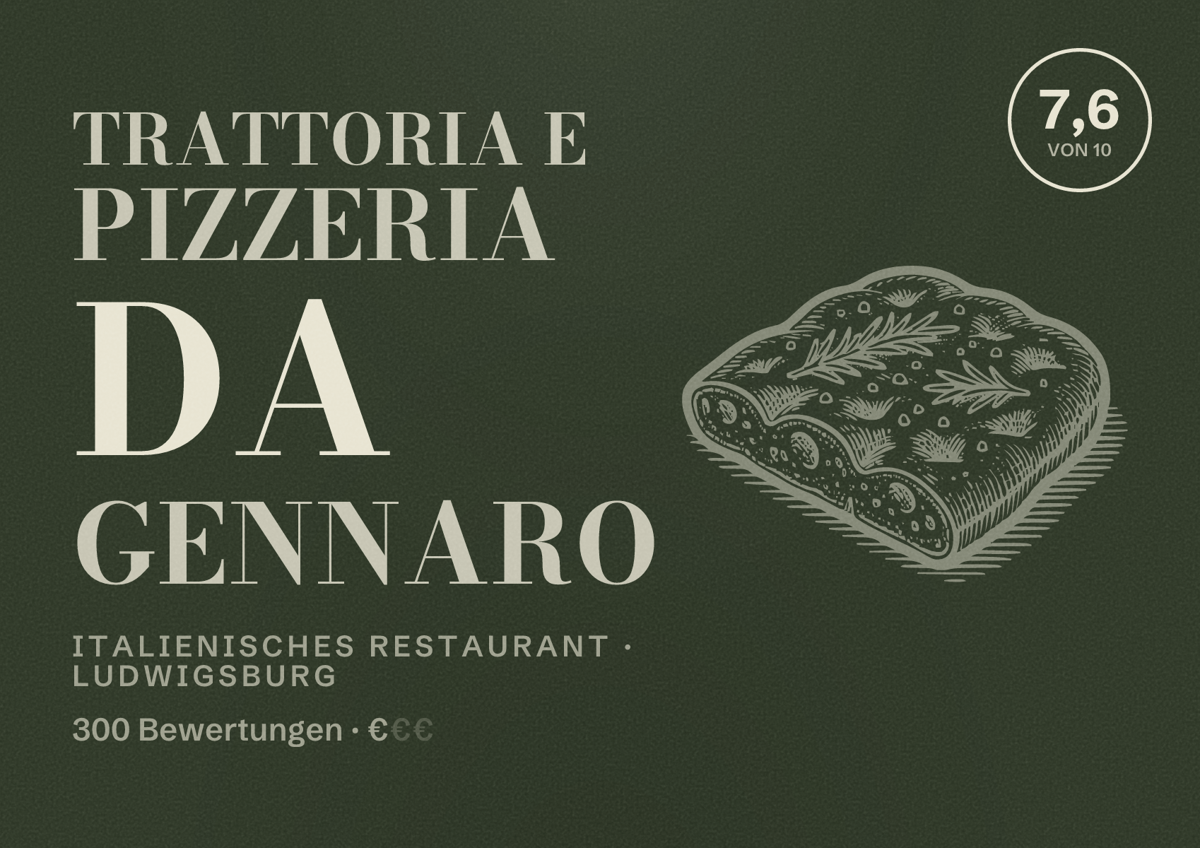 Illustriertes Poster von Trattoria e Pizzeria Da Gennaro, Italienisches Restaurant in Ludwigsburg: Bewertung 7,6 von 10 aus 300 Bewertungen, Preisniveau €