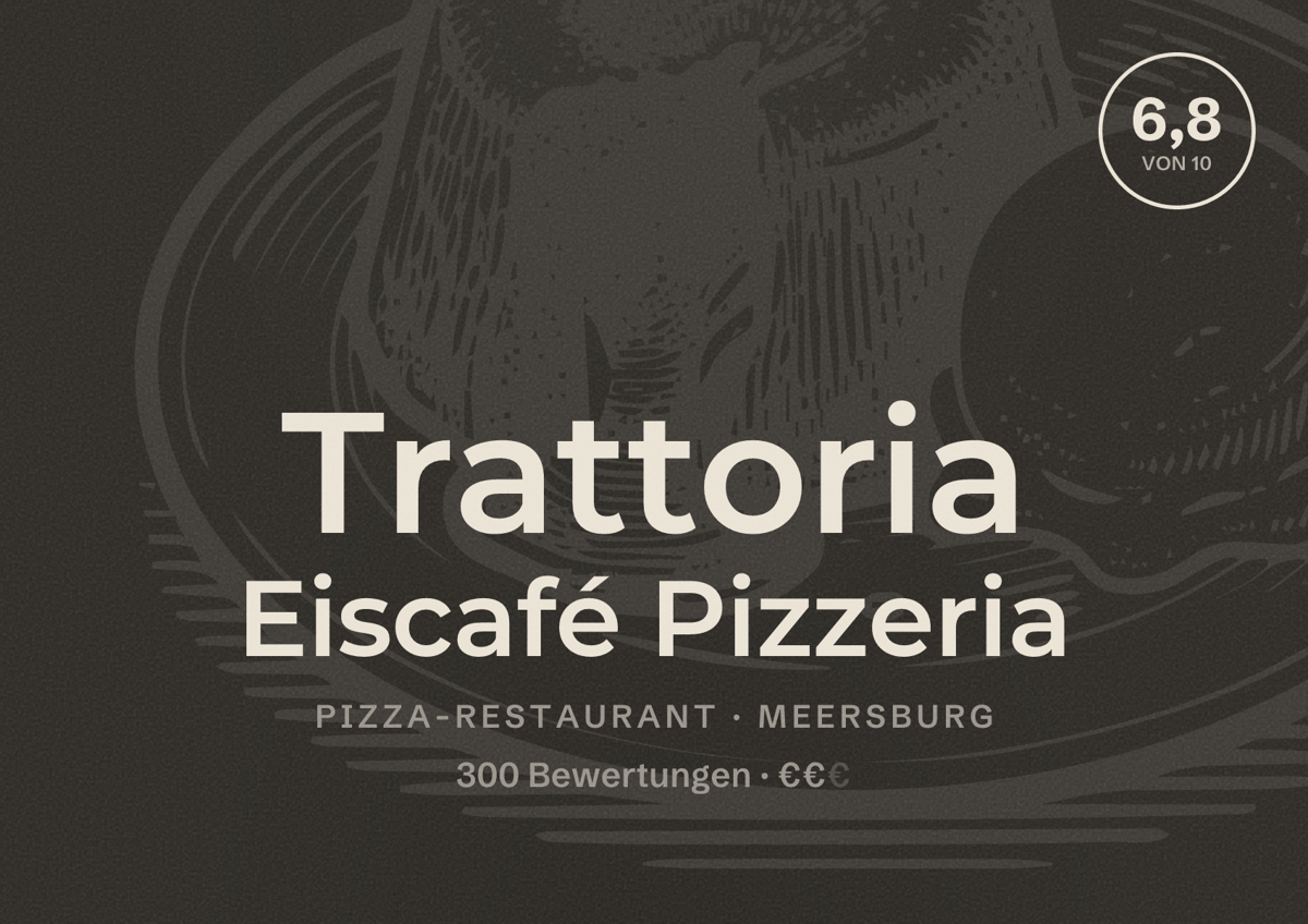 Illustriertes Poster von Trattoria Eiscafé Pizzeria, Pizza-Restaurant in Meersburg: Bewertung 6,8 von 10 aus 300 Bewertungen, Preisniveau €€