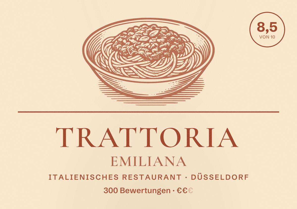 Illustriertes Poster von Trattoria Emiliana, Italienisches Restaurant in Düsseldorf: Bewertung 8,5 von 10 aus 300 Bewertungen, Preisniveau €€