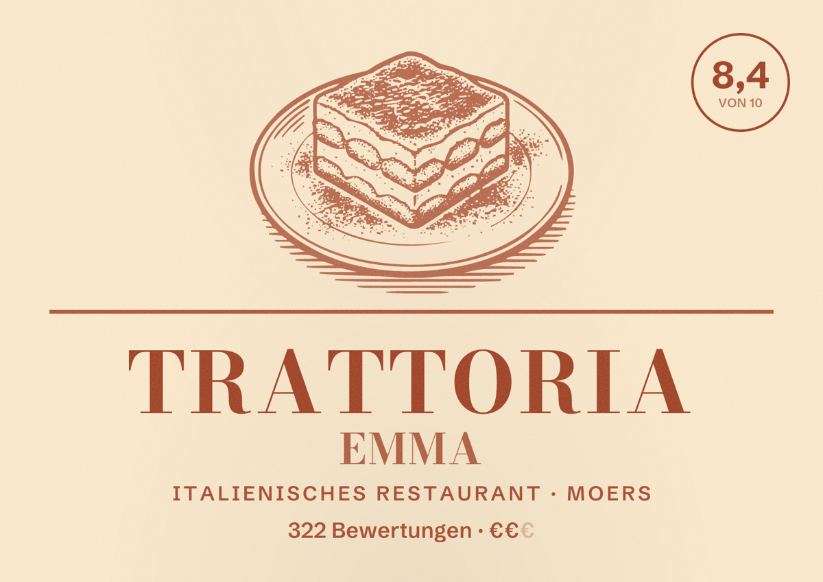 Illustriertes Poster von Trattoria Emma, Italienisches Restaurant in Moers: Bewertung 8,4 von 10 aus 322 Bewertungen, Preisniveau €€