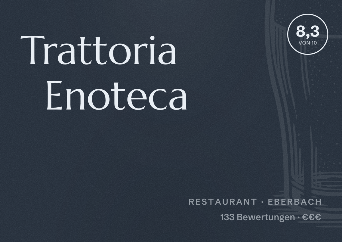 Illustriertes Poster von Trattoria Enoteca, Restaurant in Eberbach: Bewertung 8,3 von 10 aus 133 Bewertungen, Preisniveau €€€