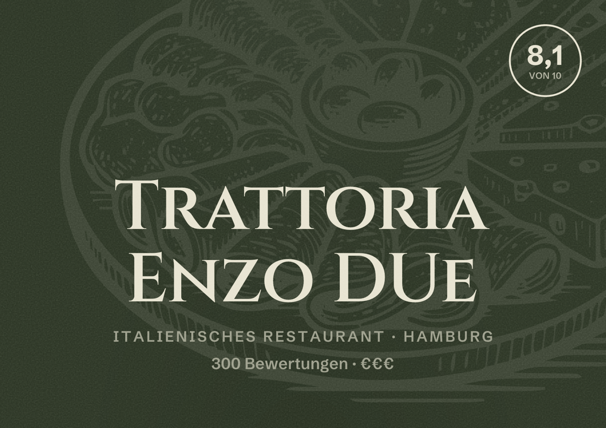 Illustriertes Poster von Trattoria Enzo DUe, Italienisches Restaurant in Hamburg: Bewertung 8,1 von 10 aus 300 Bewertungen, Preisniveau €€€