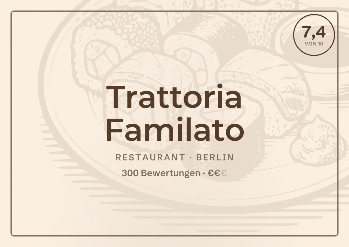 Illustriertes Poster von Trattoria Familato, Restaurant in Berlin: Bewertung 7,4 von 10 aus 300 Bewertungen, Preisniveau €€