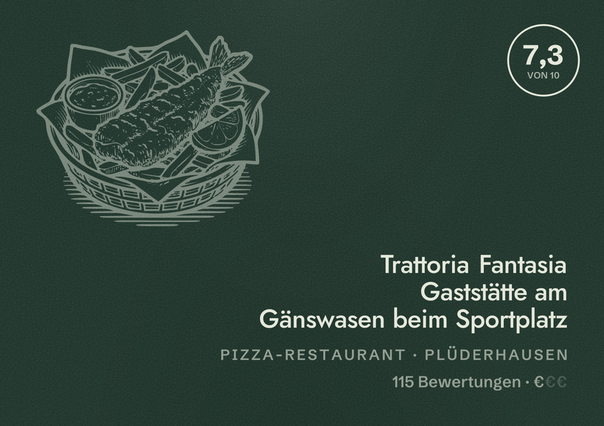 Illustriertes Poster von Trattoria Fantasia Gaststätte am Gänswasen beim Sportplatz, Pizza-Restaurant in Plüderhausen: Bewertung 7,3 von 10 aus 115 Bewertungen, Preisniveau €