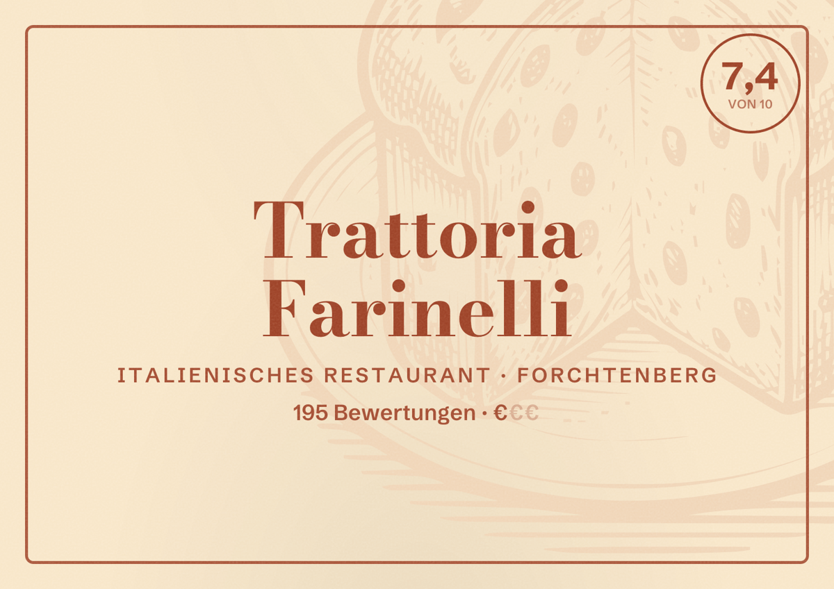 Illustriertes Poster von Trattoria Farinelli, Italienisches Restaurant in Forchtenberg: Bewertung 7,4 von 10 aus 195 Bewertungen, Preisniveau €