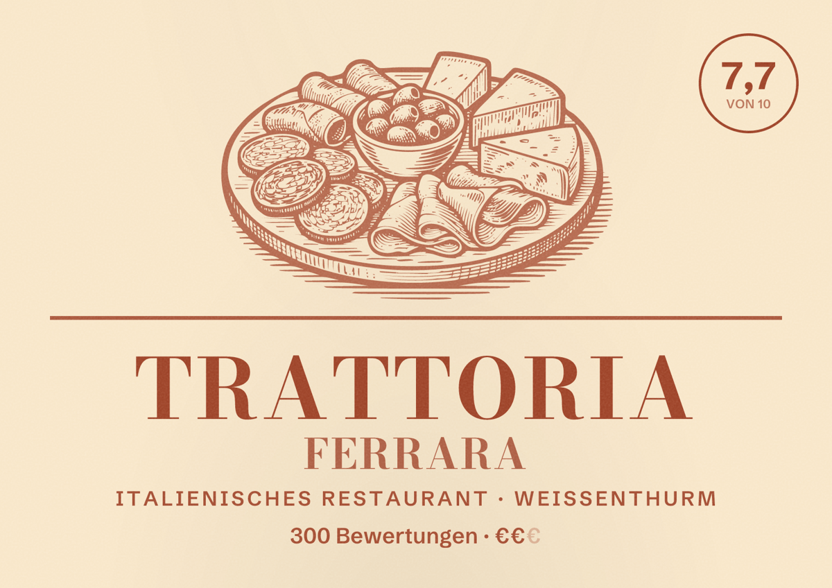 Illustriertes Poster von Trattoria Ferrara, Italienisches Restaurant in Weißenthurm: Bewertung 7,7 von 10 aus 300 Bewertungen, Preisniveau €€