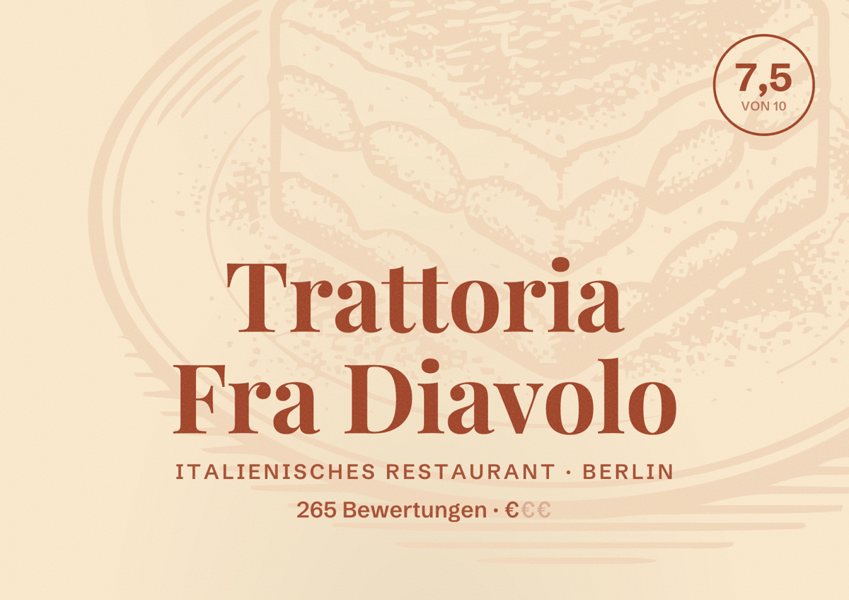 Illustriertes Poster von Trattoria Fra Diavolo, Italienisches Restaurant in Berlin: Bewertung 7,5 von 10 aus 265 Bewertungen, Preisniveau €