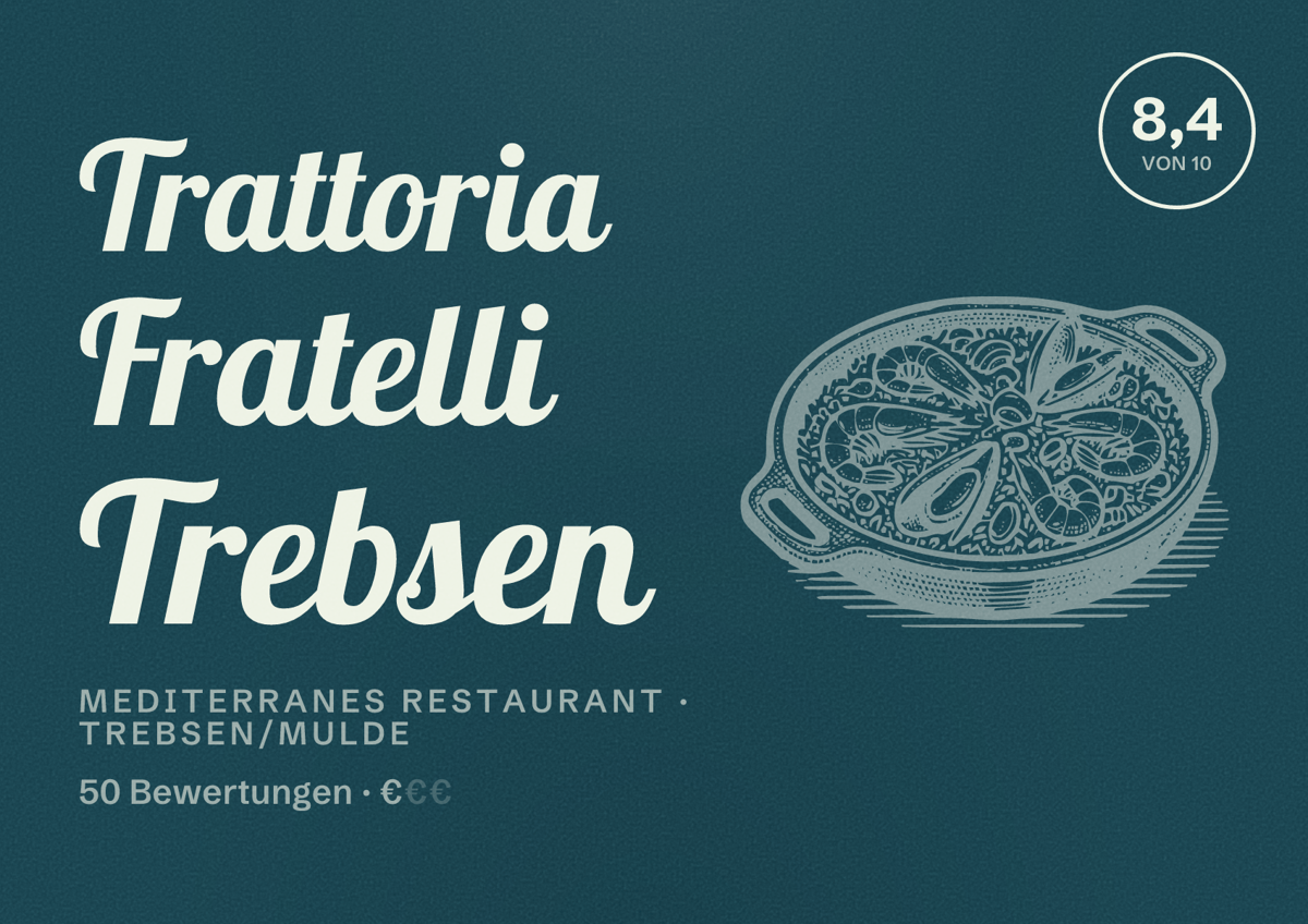 Illustriertes Poster von Trattoria Fratelli Trebsen, Mediterranes Restaurant in Trebsen/Mulde: Bewertung 8,4 von 10 aus 50 Bewertungen, Preisniveau €