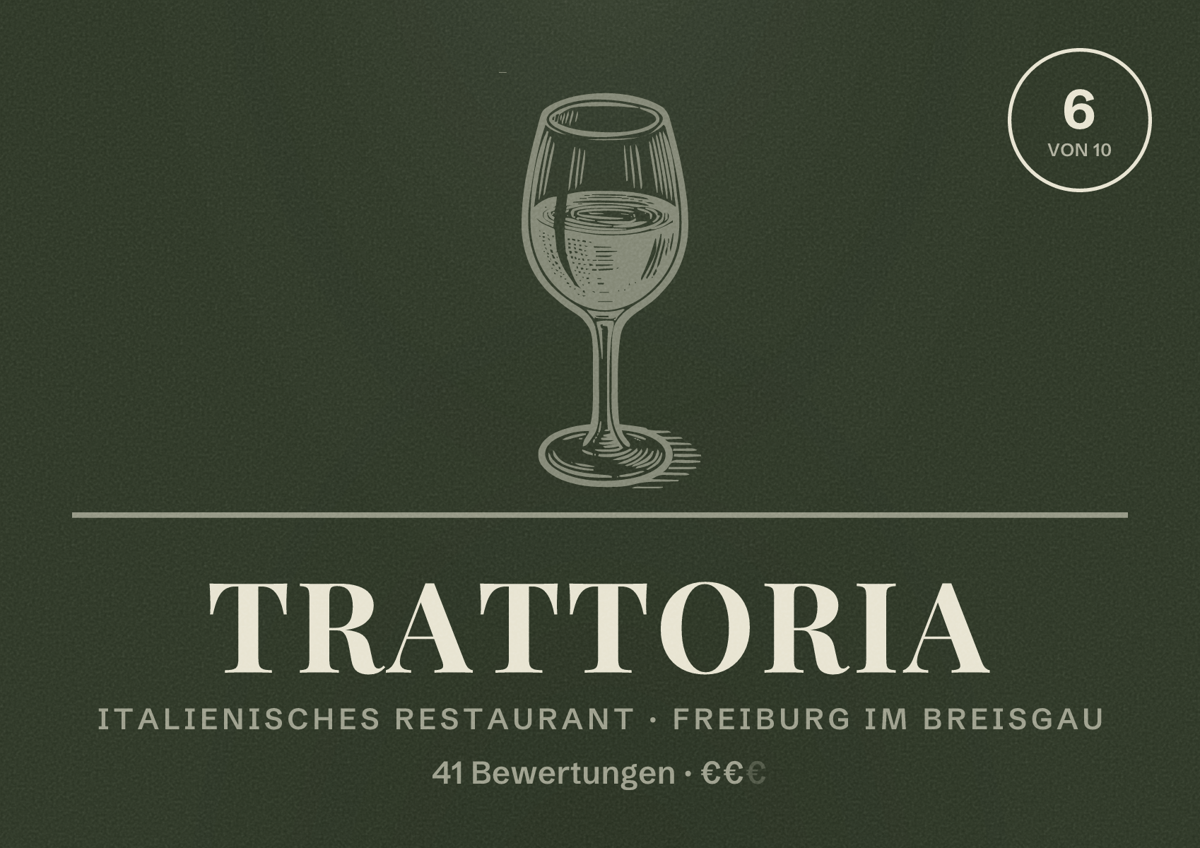 Illustriertes Poster von Trattoria, Italienisches Restaurant in Freiburg im Breisgau: Bewertung 6,0 von 10 aus 41 Bewertungen, Preisniveau €€