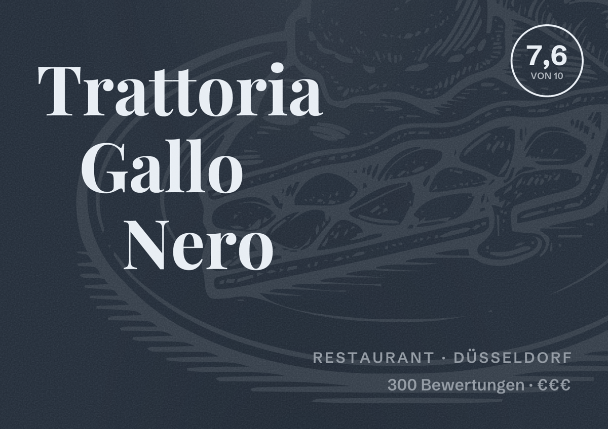 Illustriertes Poster von Trattoria Gallo Nero, Restaurant in Düsseldorf: Bewertung 7,6 von 10 aus 300 Bewertungen, Preisniveau €€€
