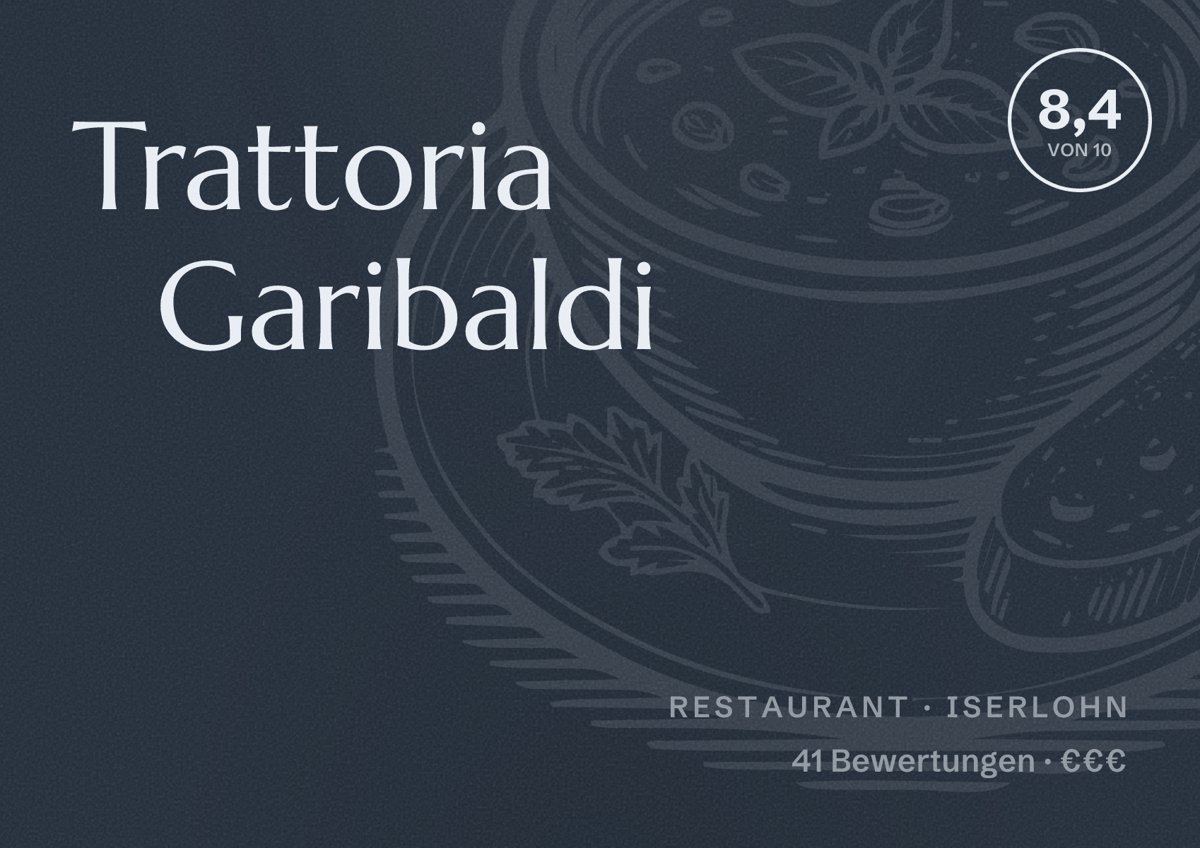 Illustriertes Poster von Trattoria Garibaldi, Restaurant in Iserlohn: Bewertung 8,4 von 10 aus 41 Bewertungen, Preisniveau €€€