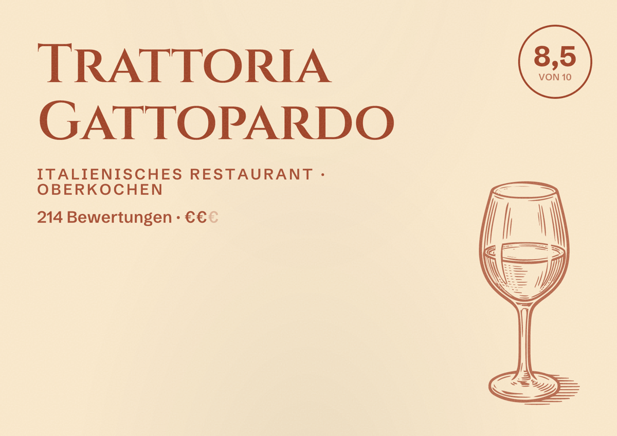 Illustriertes Poster von Trattoria Gattopardo, Italienisches Restaurant in Oberkochen: Bewertung 8,5 von 10 aus 214 Bewertungen, Preisniveau €€