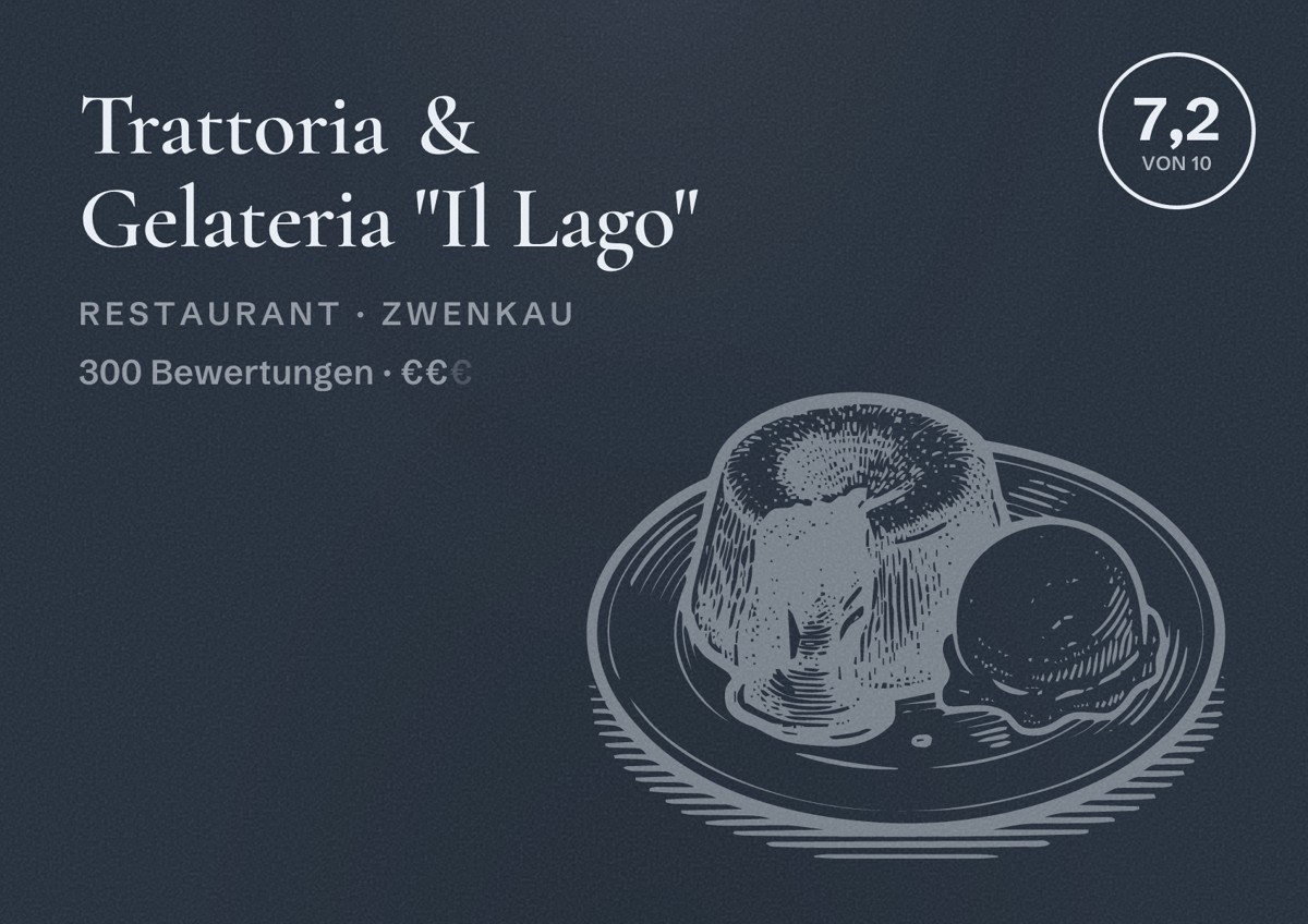 Illustriertes Poster von Trattoria & Gelateria "Il Lago", Restaurant in Zwenkau: Bewertung 7,2 von 10 aus 300 Bewertungen, Preisniveau €€