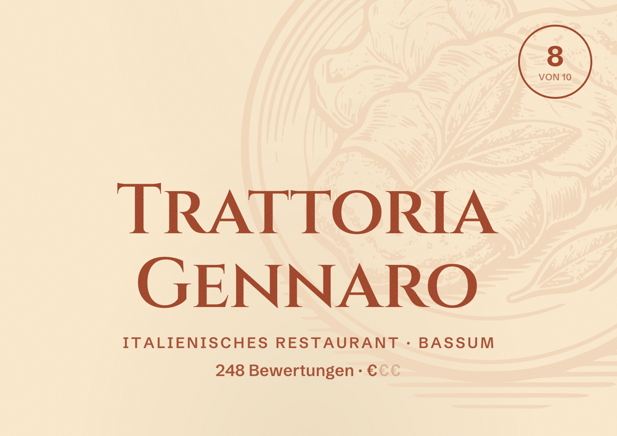 Illustriertes Poster von Trattoria Gennaro, Italienisches Restaurant in Bassum: Bewertung 8 von 10 aus 248 Bewertungen, Preisniveau €