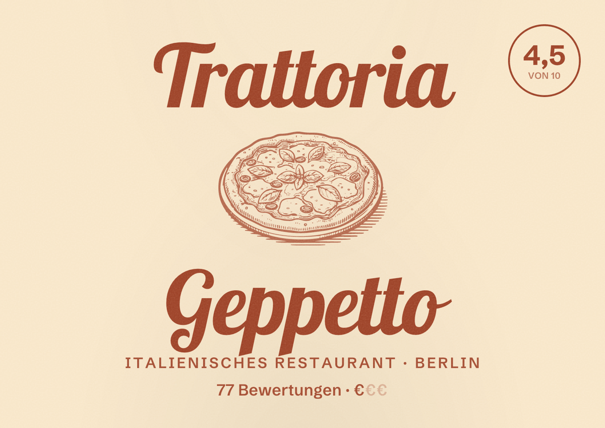 Illustriertes Poster von Trattoria Geppetto, Italienisches Restaurant in Berlin: Bewertung 4,5 von 10 aus 77 Bewertungen, Preisniveau €