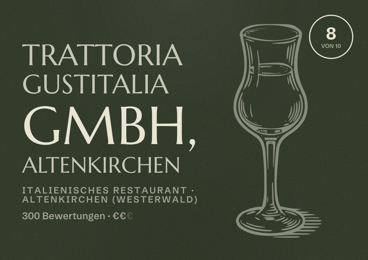 Illustriertes Poster von Trattoria Gustitalia GmbH, Altenkirchen, Italienisches Restaurant in Altenkirchen (Westerwald): Bewertung 8 von 10 aus 300 Bewertungen, Preisniveau €€