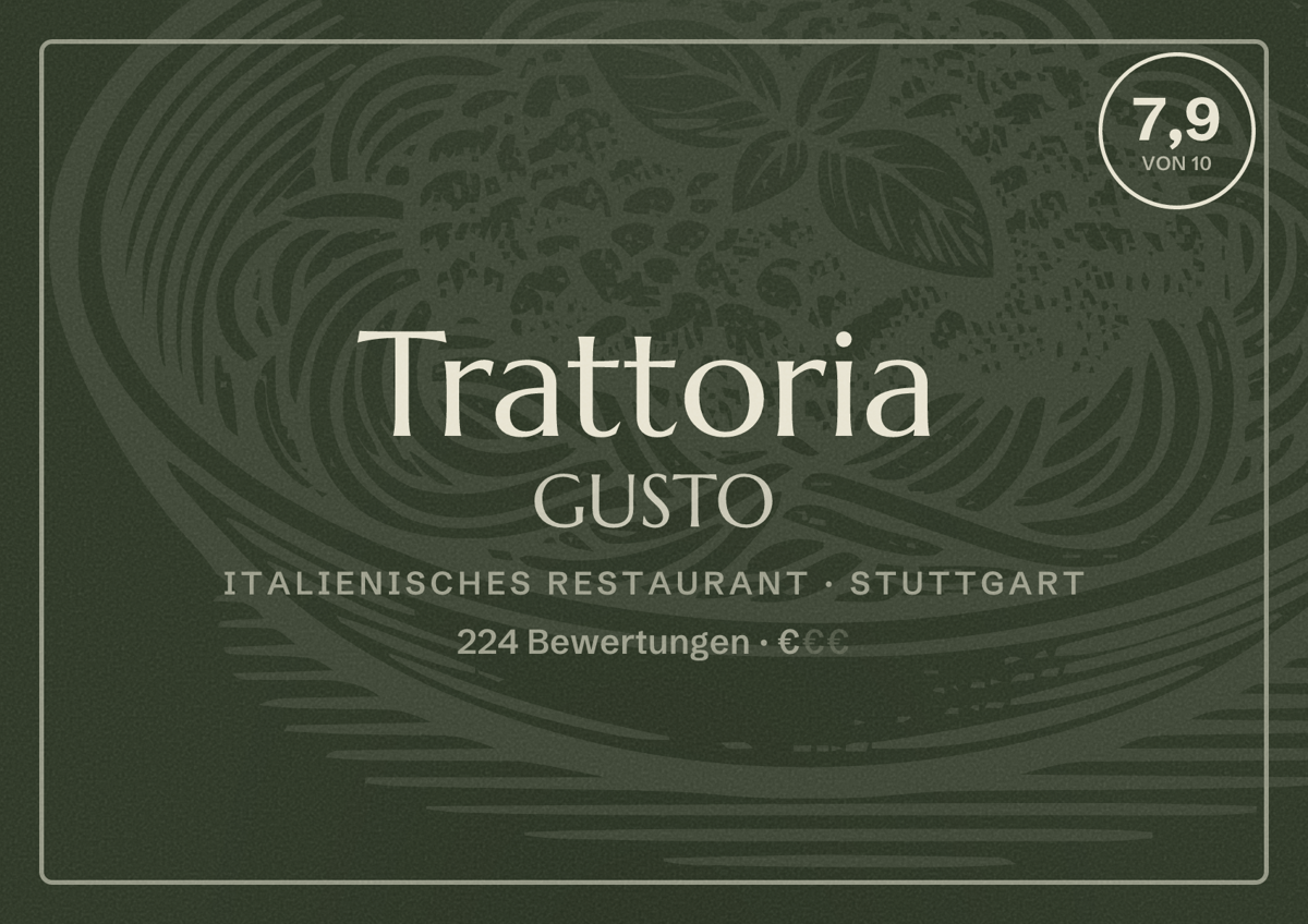 Illustriertes Poster von Trattoria GUSTO, Italienisches Restaurant in Stuttgart: Bewertung 7,9 von 10 aus 224 Bewertungen, Preisniveau €