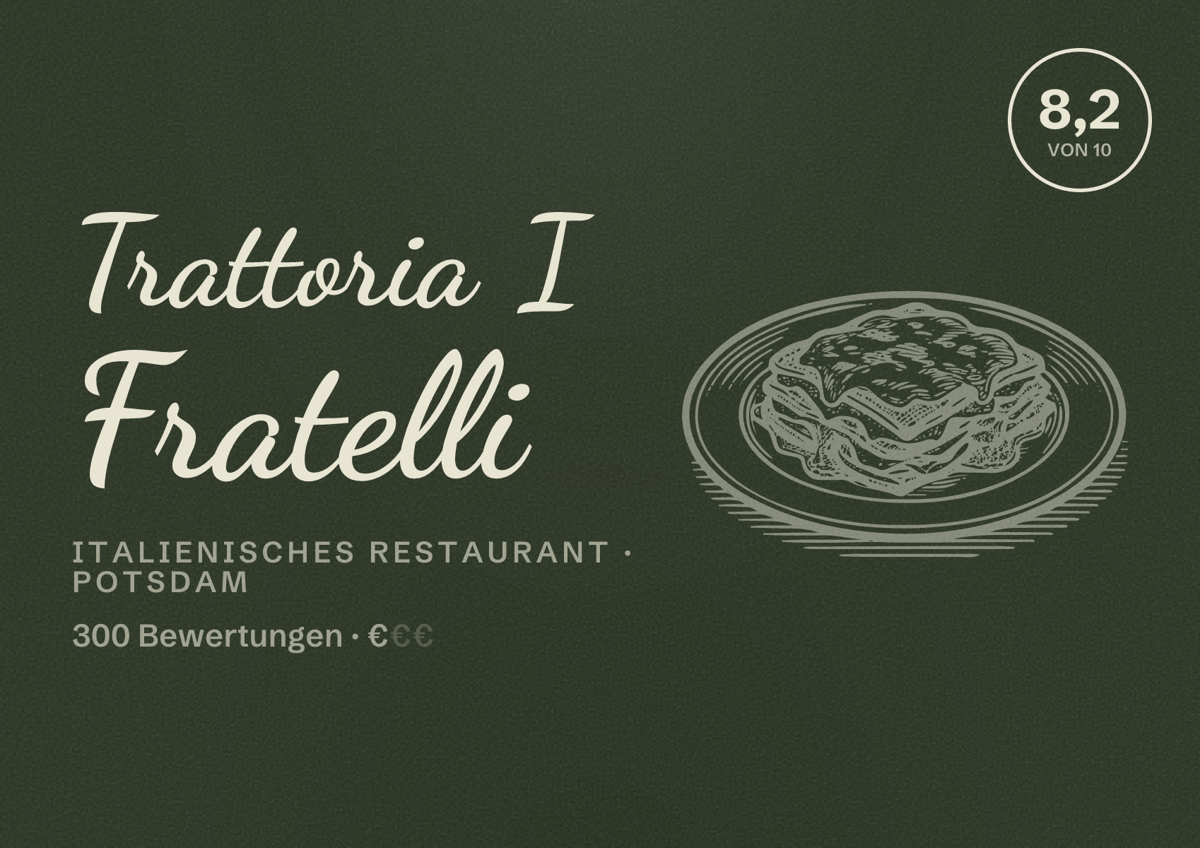 Illustriertes Poster von Trattoria I Fratelli, Italienisches Restaurant in Potsdam: Bewertung 8,2 von 10 aus 300 Bewertungen, Preisniveau €
