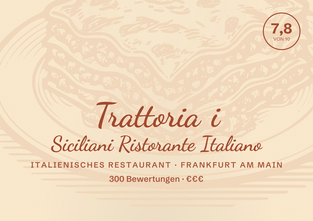 Illustriertes Poster von Trattoria i Siciliani Ristorante Italiano, Italienisches Restaurant in Frankfurt am Main: Bewertung 7,8 von 10 aus 300 Bewertungen, Preisniveau €€€
