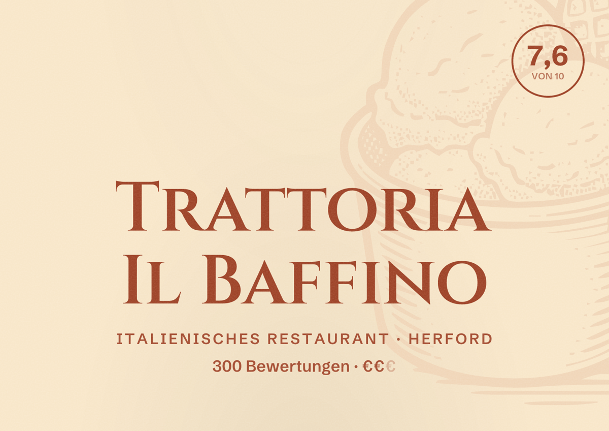 Illustriertes Poster von Trattoria Il Baffino, Italienisches Restaurant in Herford: Bewertung 7,6 von 10 aus 300 Bewertungen, Preisniveau €€