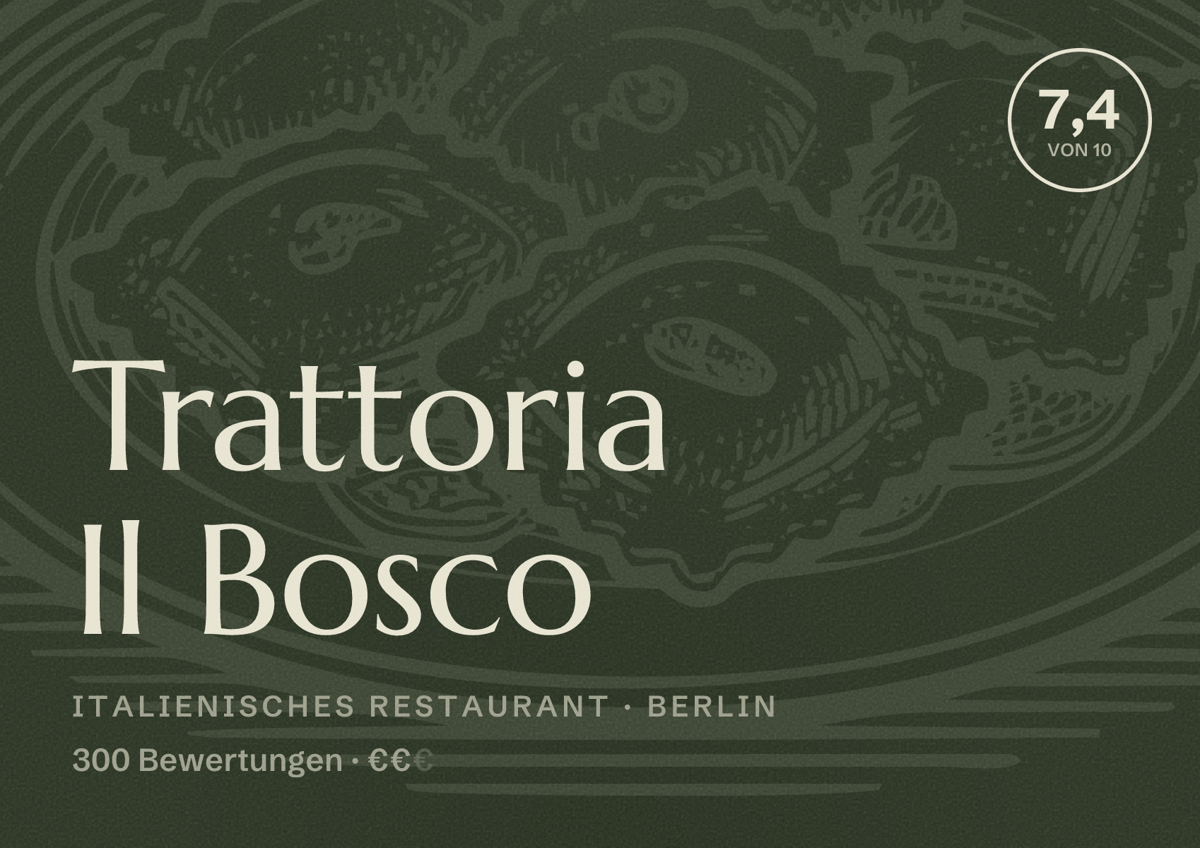 Illustriertes Poster von Trattoria Il Bosco, Italienisches Restaurant in Berlin: Bewertung 7,4 von 10 aus 300 Bewertungen, Preisniveau €€