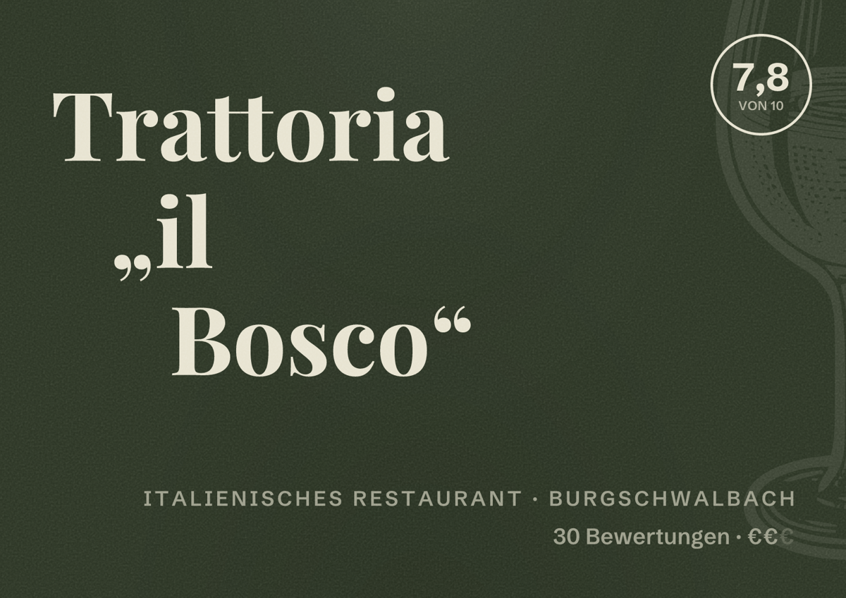 Illustriertes Poster von Trattoria „il Bosco“, Italienisches Restaurant in Burgschwalbach: Bewertung 7,8 von 10 aus 30 Bewertungen, Preisniveau €€