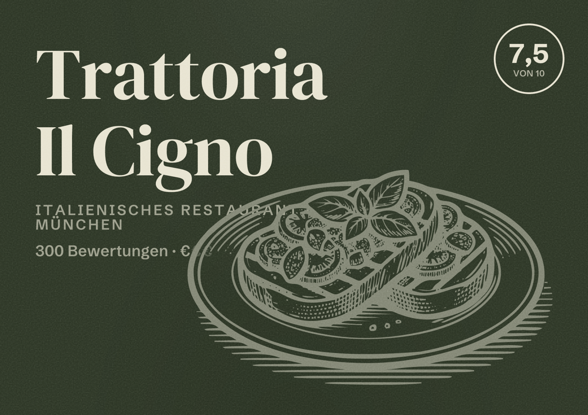 Illustriertes Poster von Trattoria Il Cigno, Italienisches Restaurant in München: Bewertung 7,5 von 10 aus 300 Bewertungen, Preisniveau €
