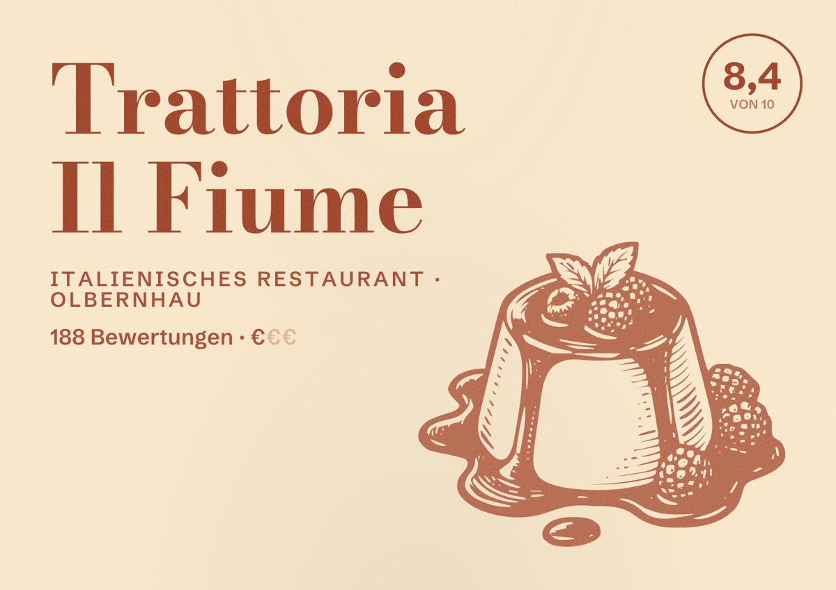 Illustriertes Poster von Trattoria Il Fiume, Italienisches Restaurant in Olbernhau: Bewertung 8,4 von 10 aus 188 Bewertungen, Preisniveau €