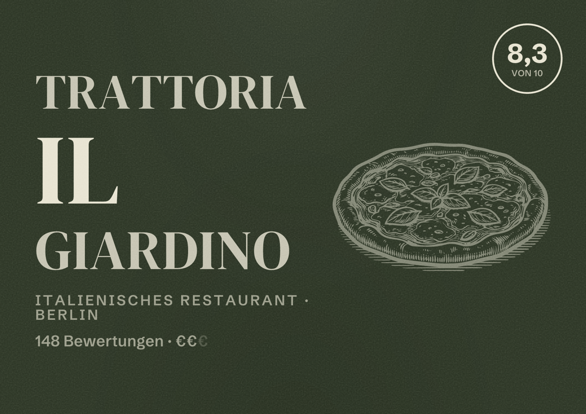 Illustriertes Poster von Trattoria IL Giardino, Italienisches Restaurant in Berlin: Bewertung 8,3 von 10 aus 148 Bewertungen, Preisniveau €€