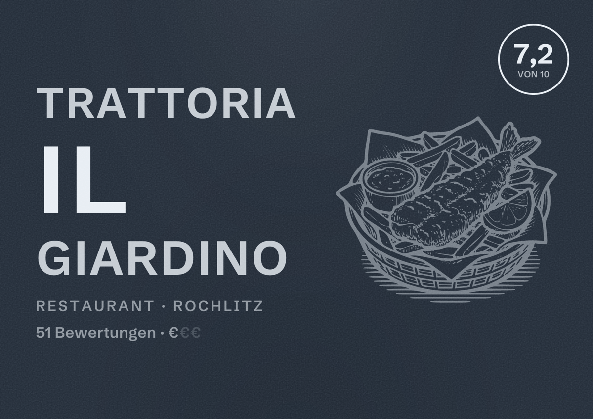Illustriertes Poster von Trattoria Il Giardino, Restaurant in Rochlitz: Bewertung 7,2 von 10 aus 51 Bewertungen, Preisniveau €