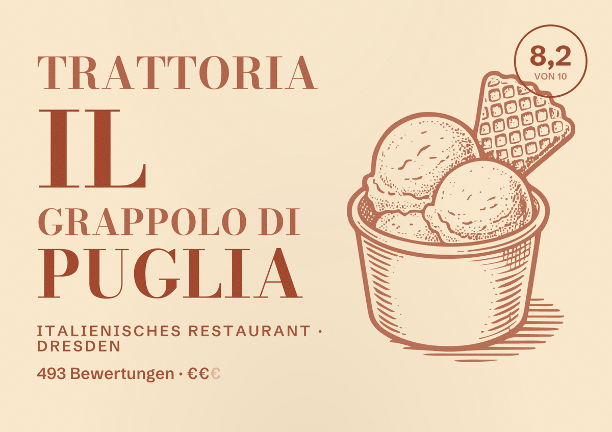 Illustriertes Poster von Trattoria Il Grappolo Di Puglia, Italienisches Restaurant in Dresden: Gästebewertung 8,2 von 10 aus 493 Bewertungen