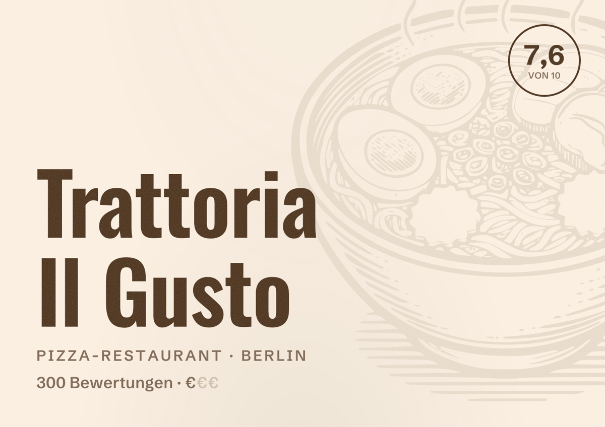 Illustriertes Poster von Trattoria Il Gusto, Pizza-Restaurant in Berlin: Bewertung 7,6 von 10 aus 300 Bewertungen, Preisniveau €