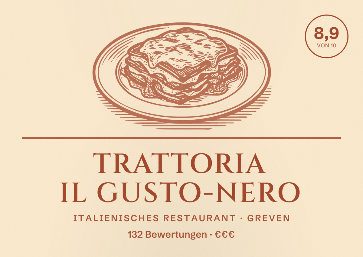 Illustriertes Poster von Trattoria il Gusto-nero, Italienisches Restaurant in Greven: Bewertung 8,9 von 10 aus 132 Bewertungen, Preisniveau €€€