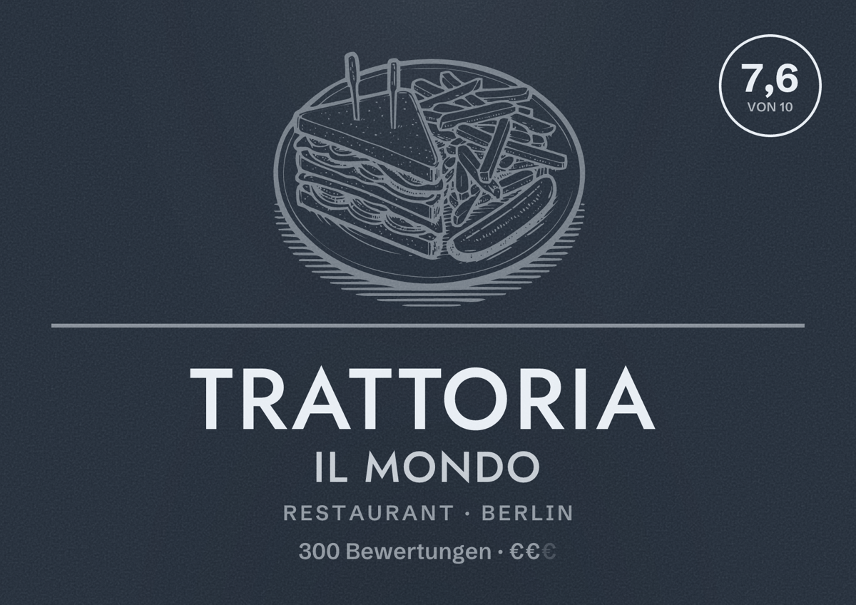 Illustriertes Poster von Trattoria Il Mondo, Restaurant in Berlin: Bewertung 7,6 von 10 aus 300 Bewertungen, Preisniveau €€