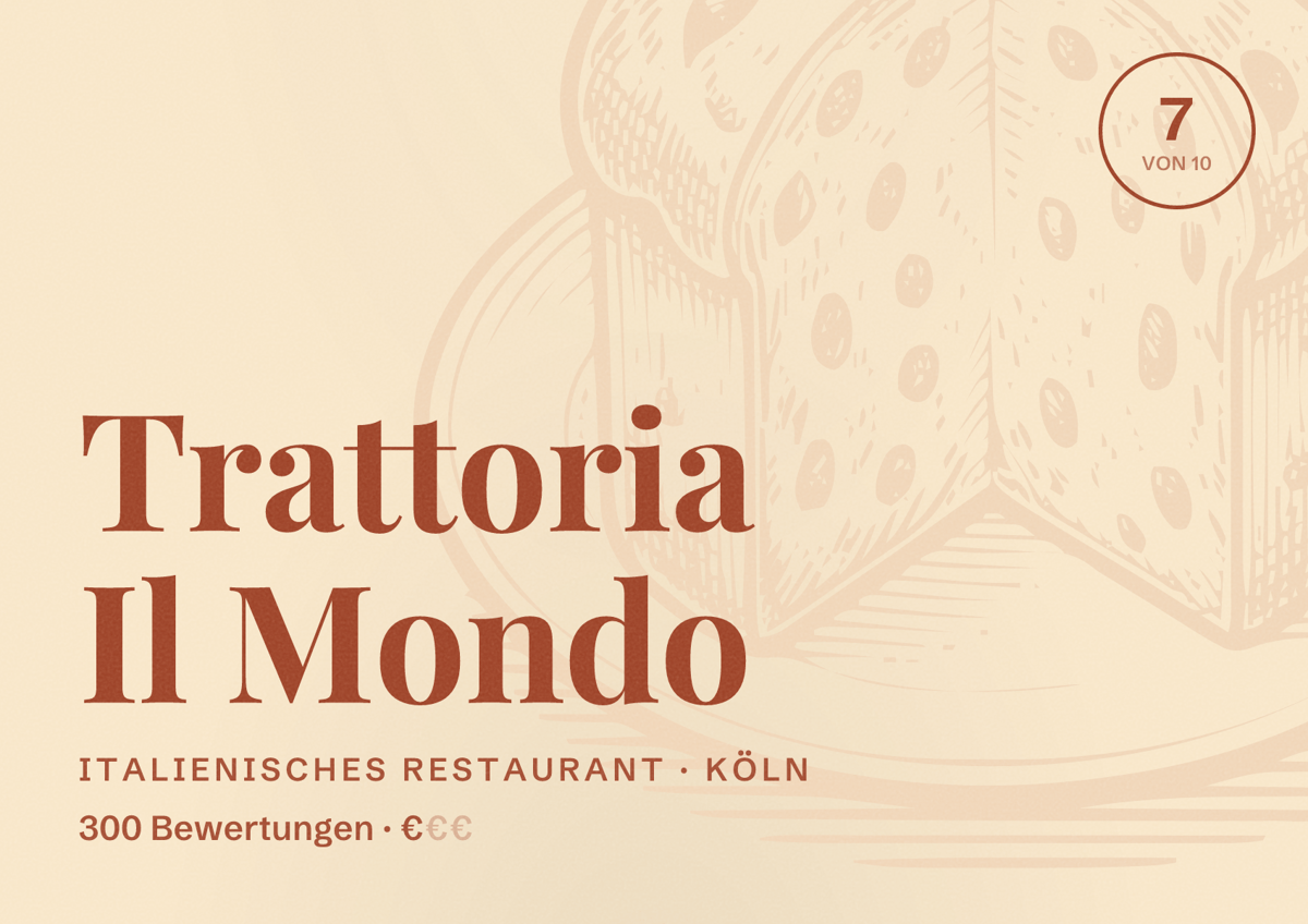 Illustriertes Poster von Trattoria Il Mondo, Italienisches Restaurant in Köln: Bewertung 7 von 10 aus 300 Bewertungen, Preisniveau €