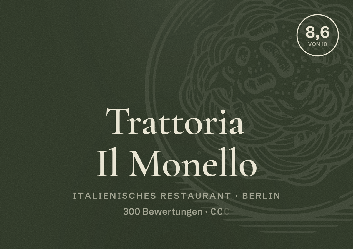 Illustriertes Poster von Trattoria Il Monello, Italienisches Restaurant in Berlin: Bewertung 8,6 von 10 aus 300 Bewertungen, Preisniveau €€