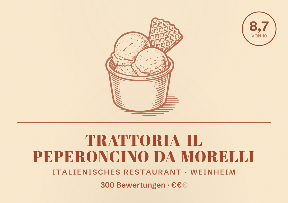 Illustriertes Poster von Trattoria il Peperoncino da Morelli, Italienisches Restaurant in Weinheim: Bewertung 8,7 von 10 aus 300 Bewertungen, Preisniveau €€