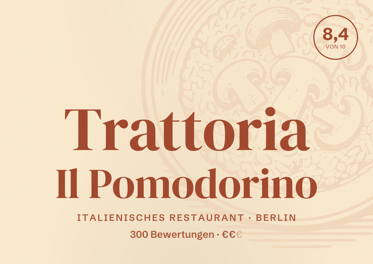 Illustriertes Poster von Trattoria Il Pomodorino, Italienisches Restaurant in Berlin: Bewertung 8,4 von 10 aus 300 Bewertungen, Preisniveau €€