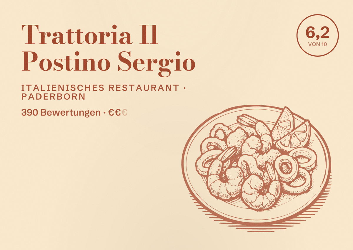 Illustriertes Poster von Trattoria Il Postino Sergio, Italienisches Restaurant in Paderborn: Bewertung 6,2 von 10 aus 390 Bewertungen, Preisniveau €€
