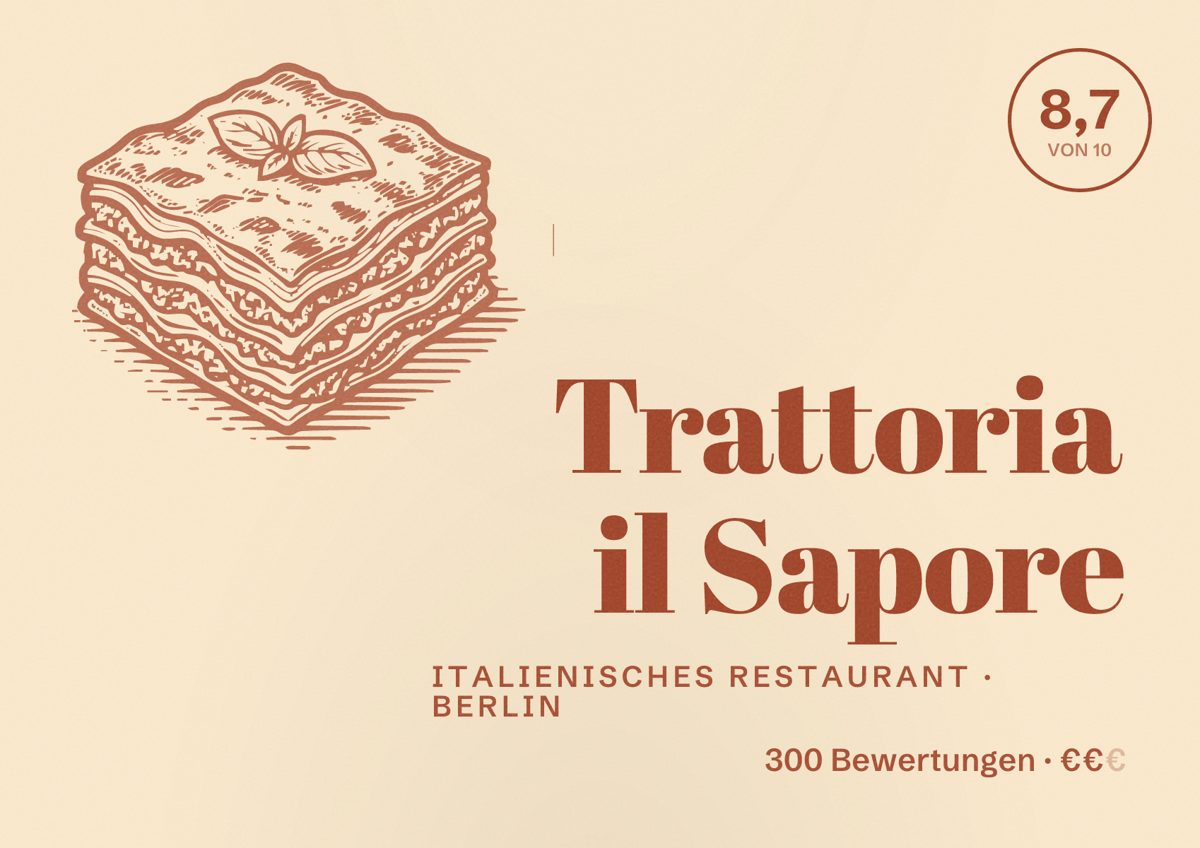 Illustriertes Poster von Trattoria il Sapore, Italienisches Restaurant in Berlin: Bewertung 8,7 von 10 aus 300 Bewertungen, Preisniveau €€
