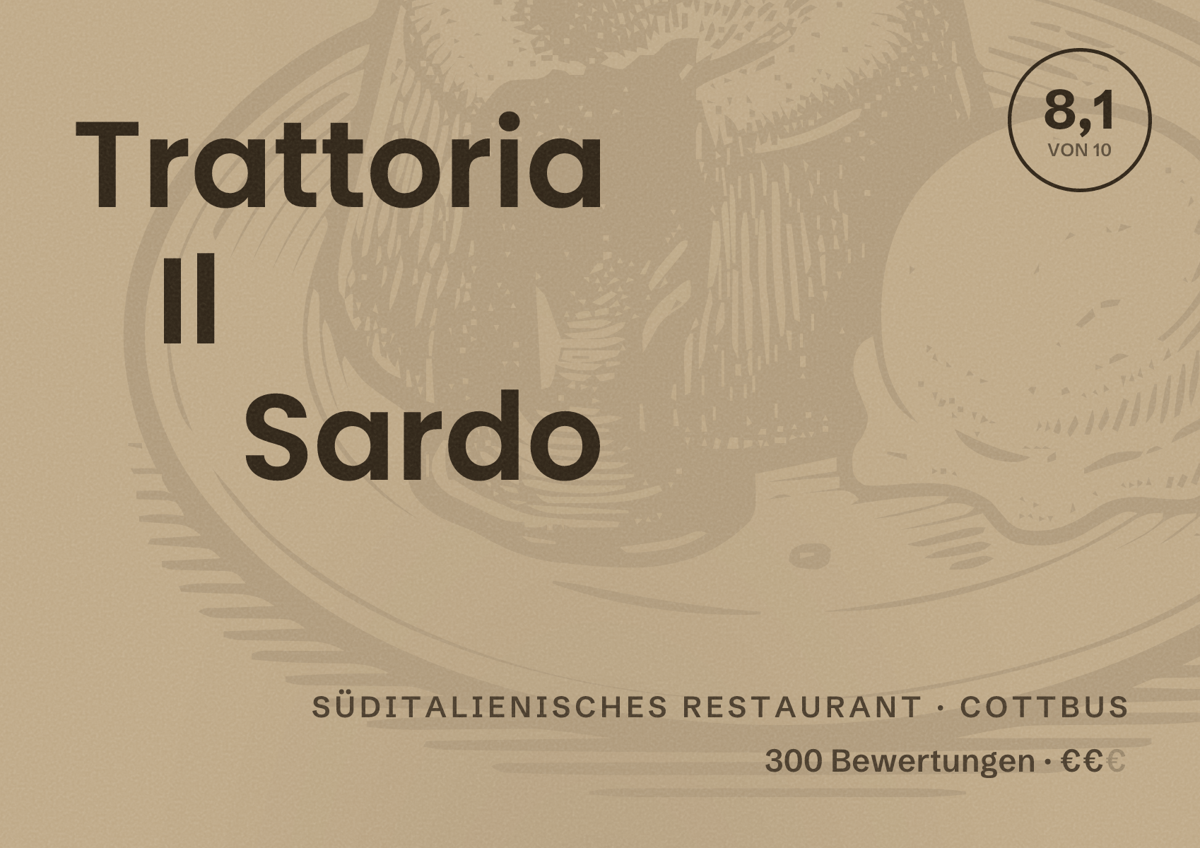 Illustriertes Poster von Trattoria Il Sardo, Süditalienisches Restaurant in Cottbus: Bewertung 8,1 von 10 aus 300 Bewertungen, Preisniveau €€