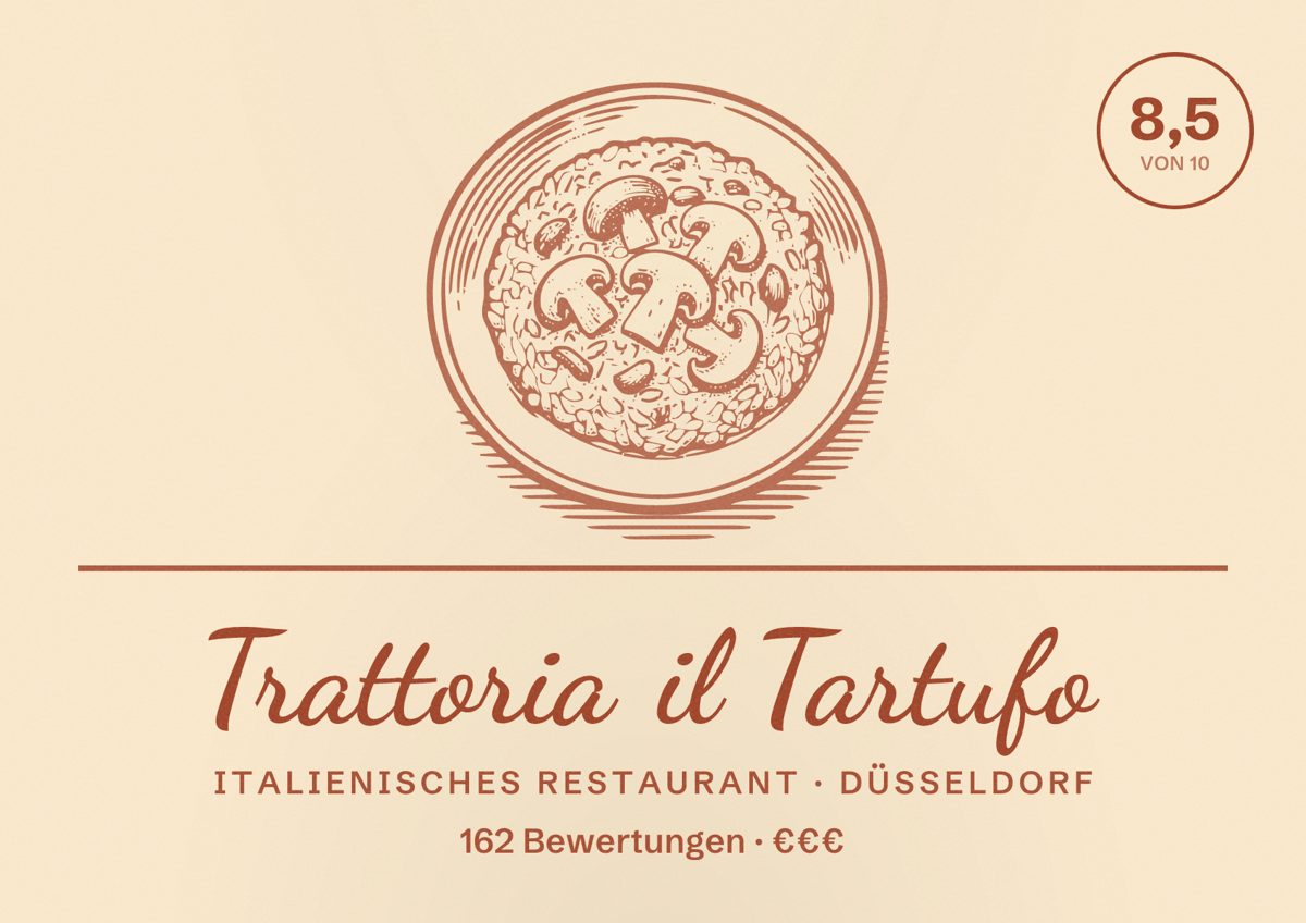 Illustriertes Poster von Trattoria il Tartufo, Italienisches Restaurant in Düsseldorf: Bewertung 8,5 von 10 aus 162 Bewertungen, Preisniveau €€€