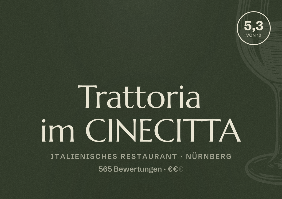 Illustriertes Poster von Trattoria im CINECITTA, Italienisches Restaurant in Nürnberg: Gästebewertung 5,3 von 10 aus 565 Bewertungen